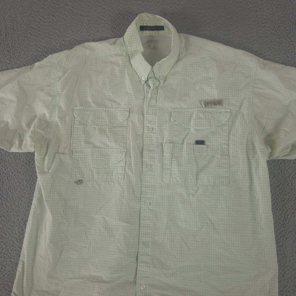 Columbia Shirt Mens XL Green Super Bonehead Cotton Gingham Vented PFG Omni-Shade